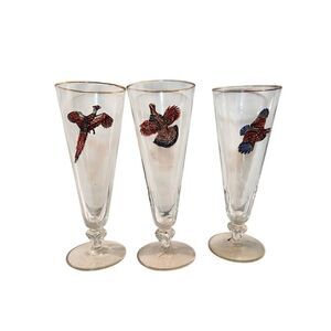 Set of 3 Game Bird Gold Rimmed Pilsner Glasses Libbey Glass Company